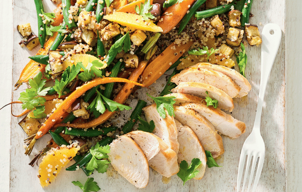 Roasted carrot and quinoa salad with grilled chicken