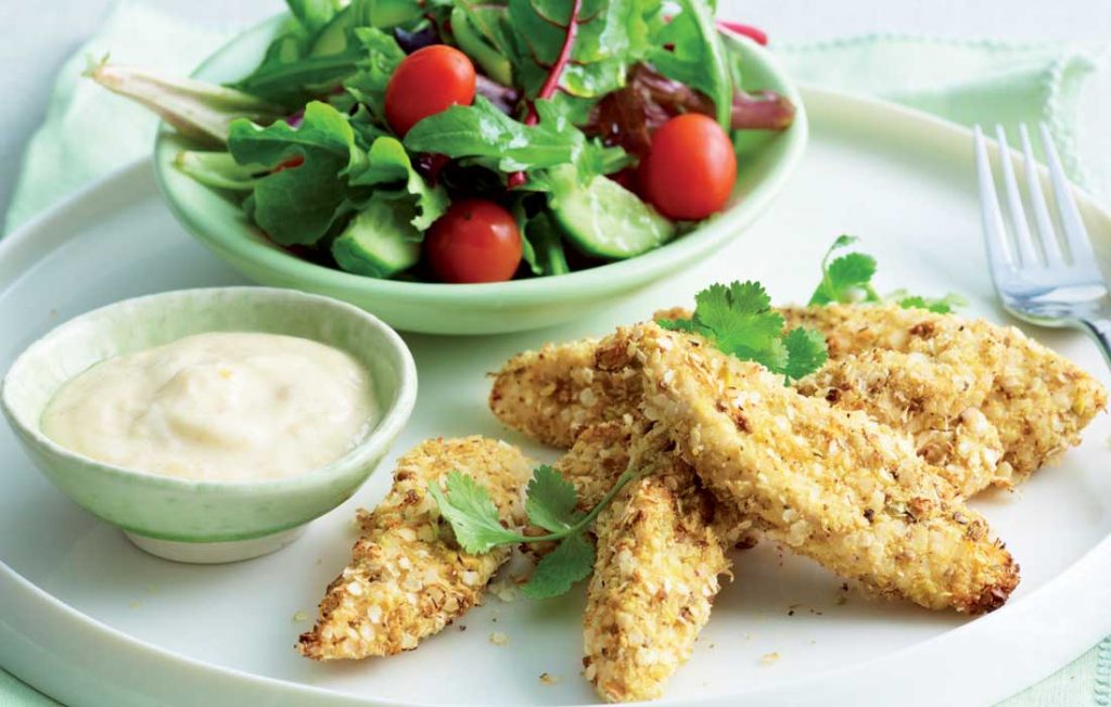 Crumbed chicken with quinoa and dukkah