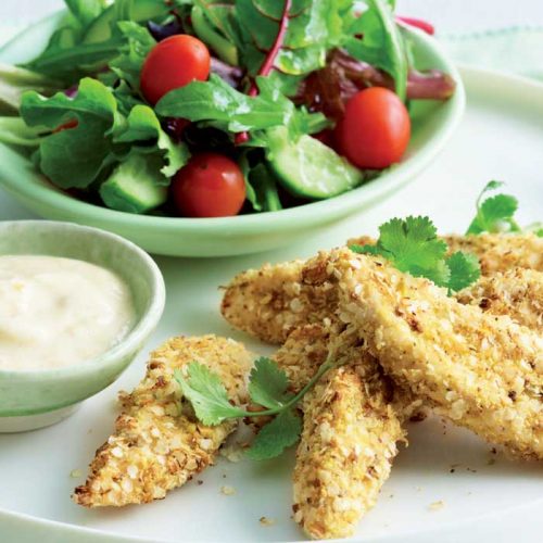 Crumbed chicken with quinoa and dukkah