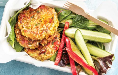 Indian–style lentil, rice and courgette fritters