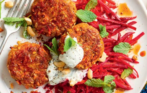 Lentil and cashew patties with carrot and beetroot salad