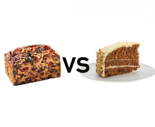 a fruit cake and a piece of carrot cake
