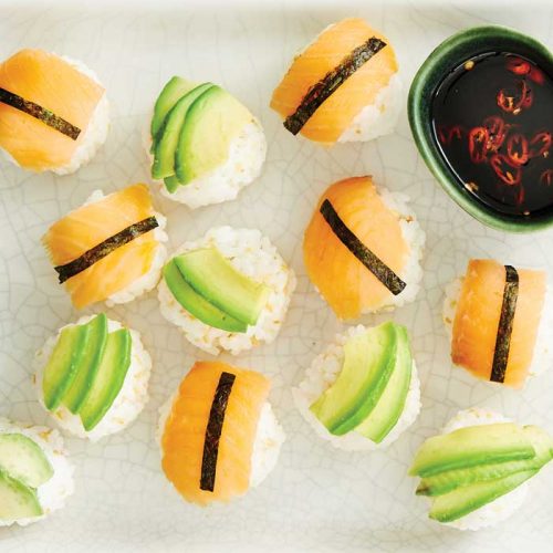 Sesame avocado and salmon sushi balls
