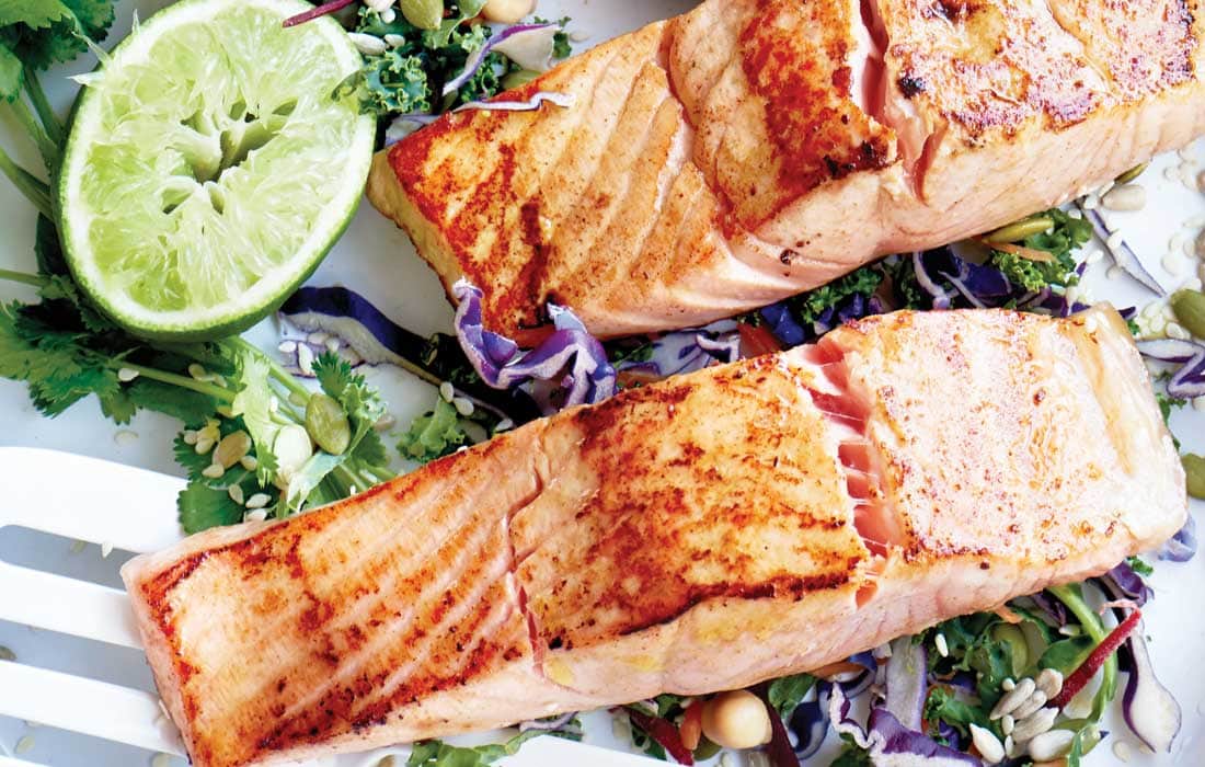 Barbecued salmon and kalesaw with honey and lime dressing - Healthy ...