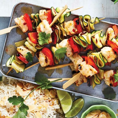 Sweet chilli and lime fish skewers with coconut rice