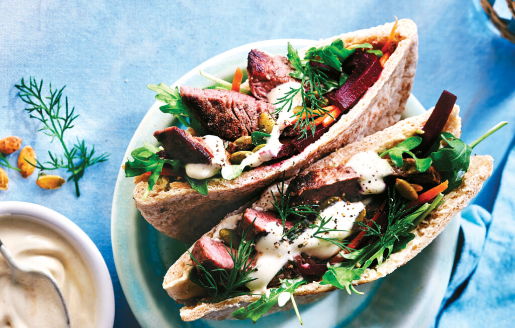 pita-pockets-with-seared-beef-and-beetroot-and-pumpkin-seed-salad