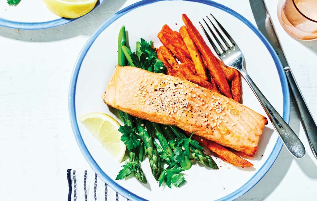 Air-fryer miso ocean trout with sweet potato fries