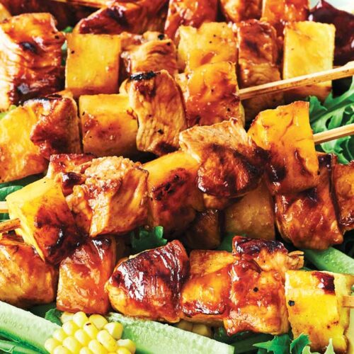 Huli Huli chicken and pineapple skewers with coconut rice