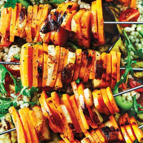 Sweet potato and haloumi skewers with couscous salad