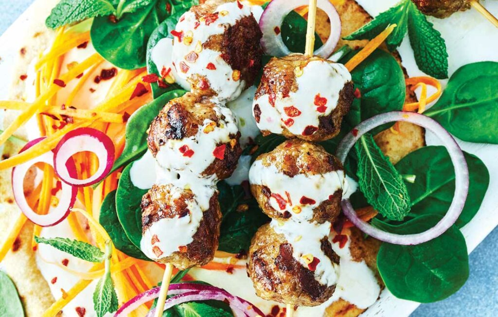 Moroccan lamb meatball skewers with carrot salad