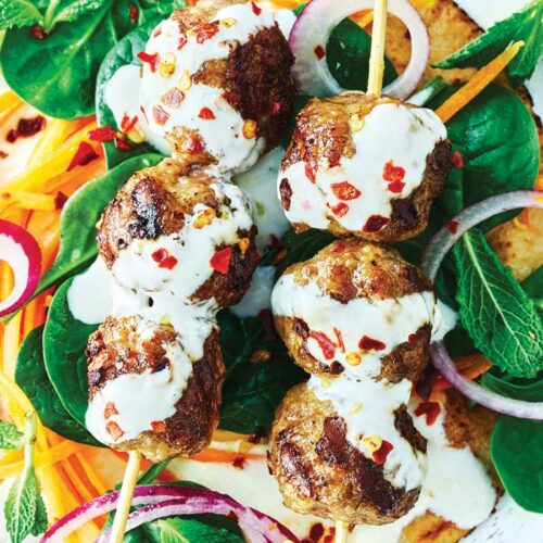 Moroccan lamb meatball skewers with carrot salad