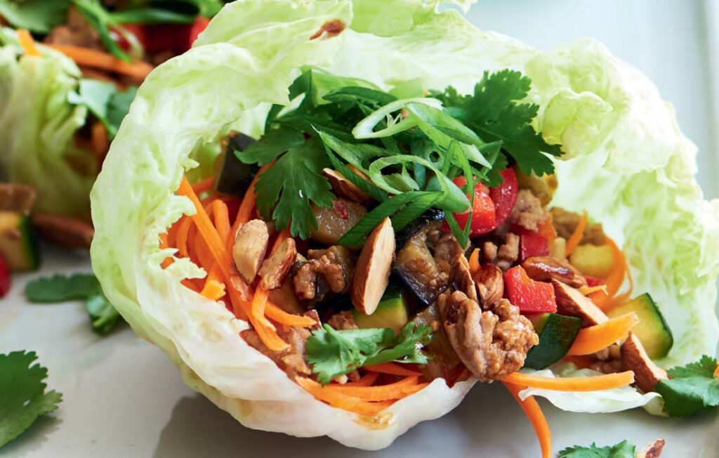 Warm pork, eggplant and almond lettuce cups