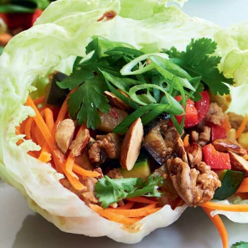 Warm pork, eggplant and almond lettuce cups
