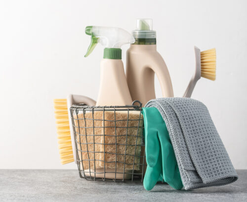 A basket of cleaning products