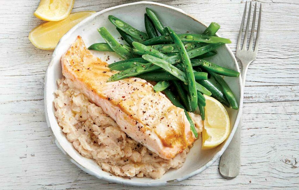 Baked mustard salmon with white bean puree
