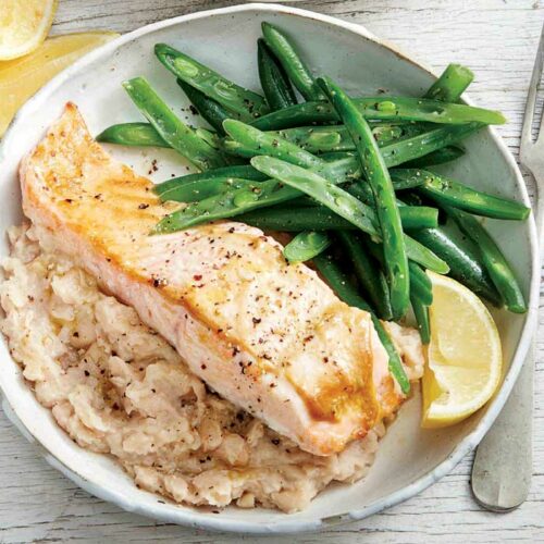 Baked mustard salmon with white bean puree