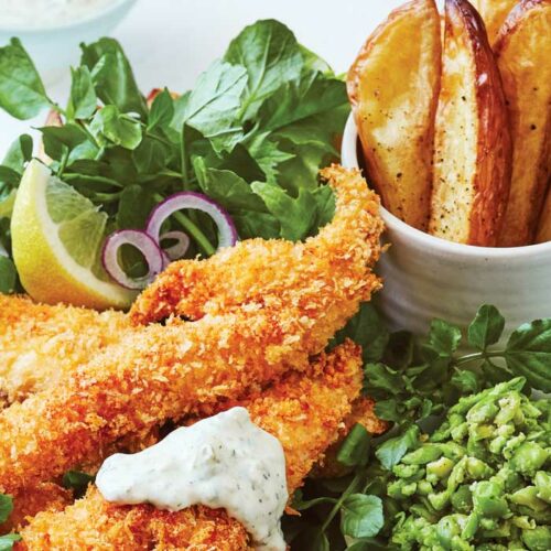 Healthier fish fingers with potato wedges and yoghurt tartare
