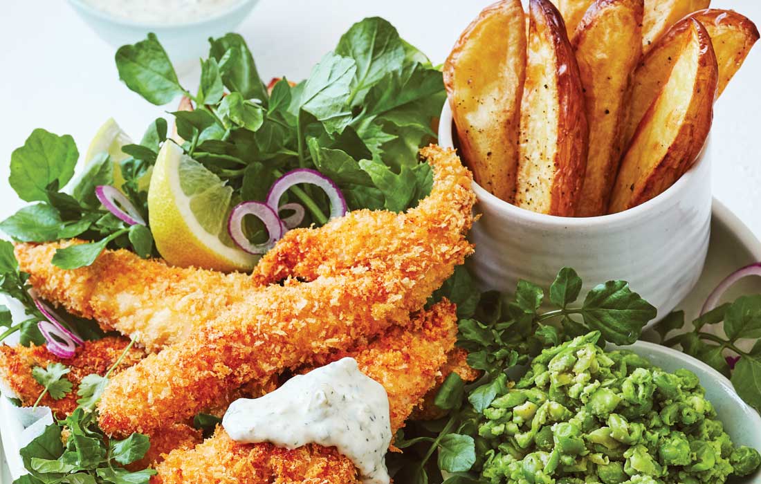 Healthier fish fingers with potato wedges and yoghurt tartare - Healthy  Food Guide