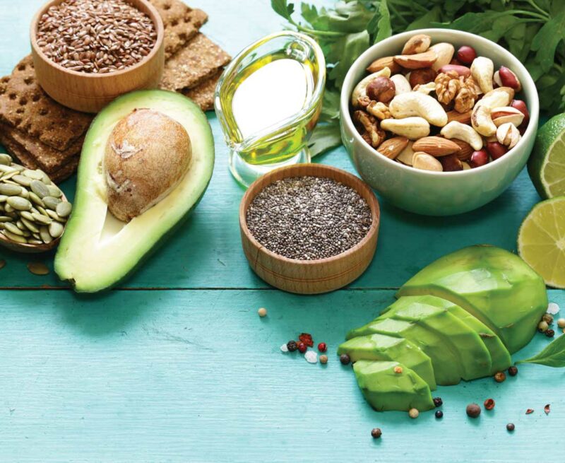 Avocado, seeds, crackers and nuts