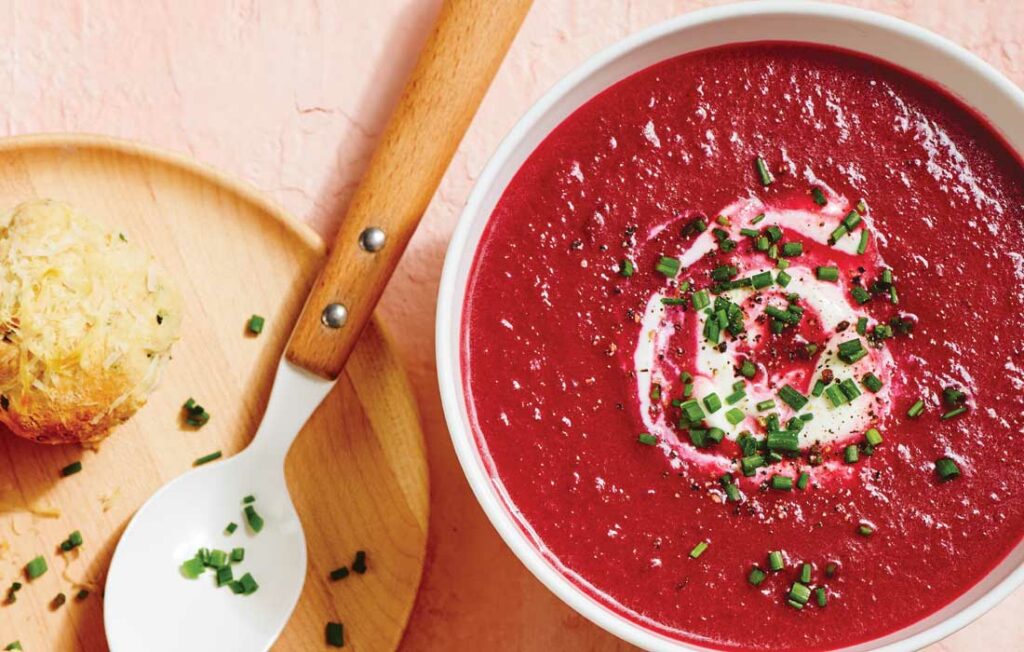 Beetroot soup with mini chive scones