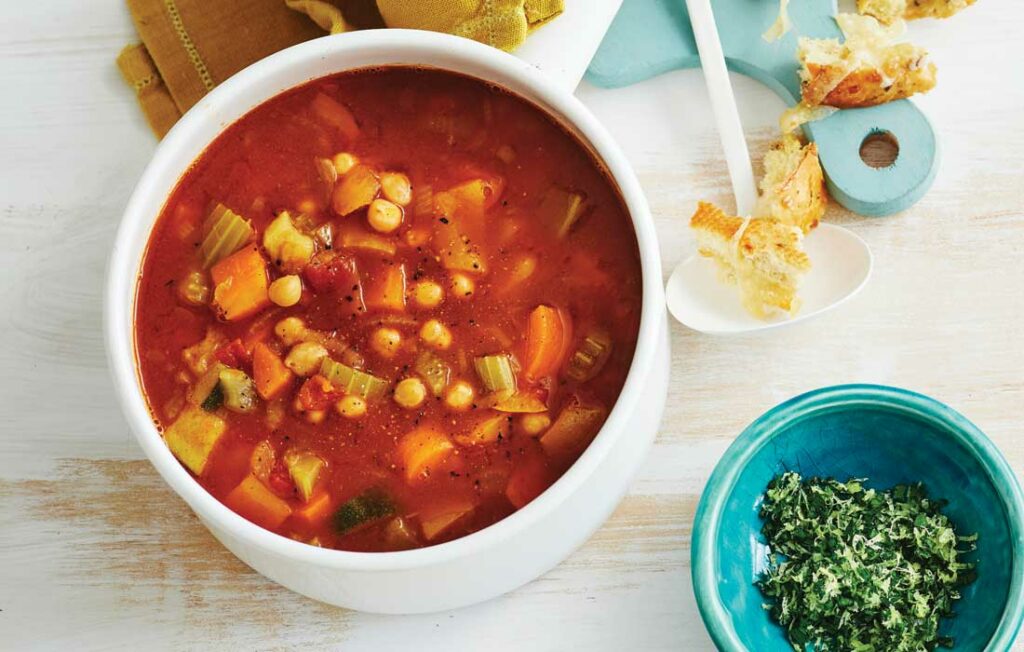 Chickpea minestrone with parmesan grain croutons