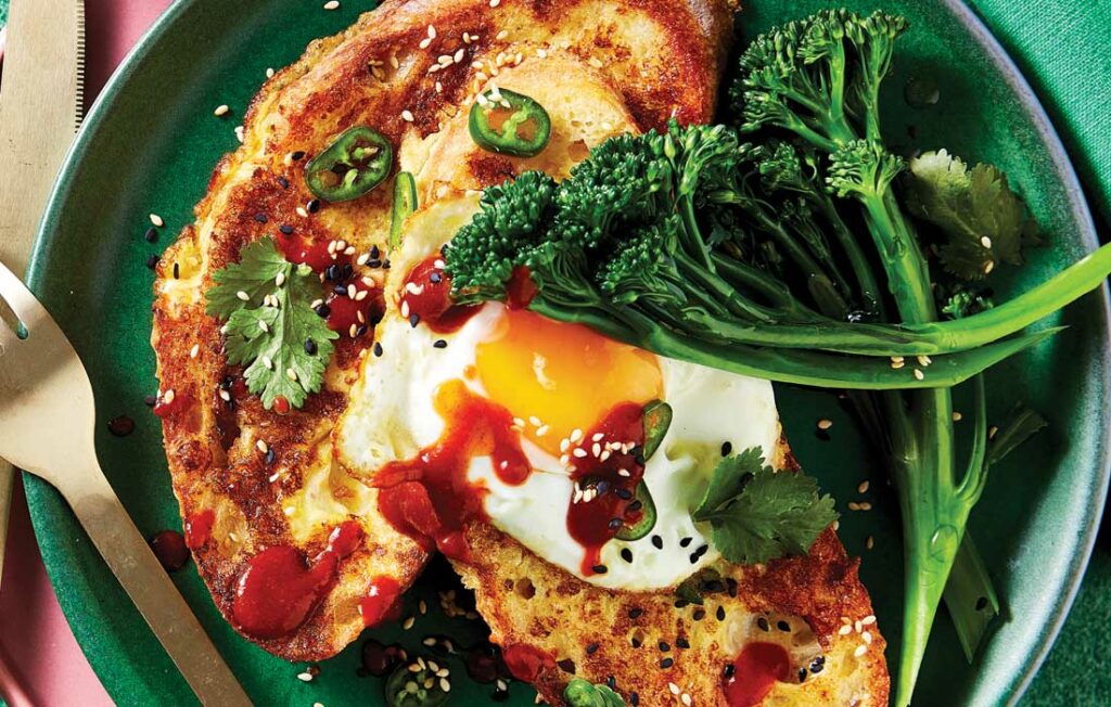 Green chilli and turmeric French toast with fried eggs