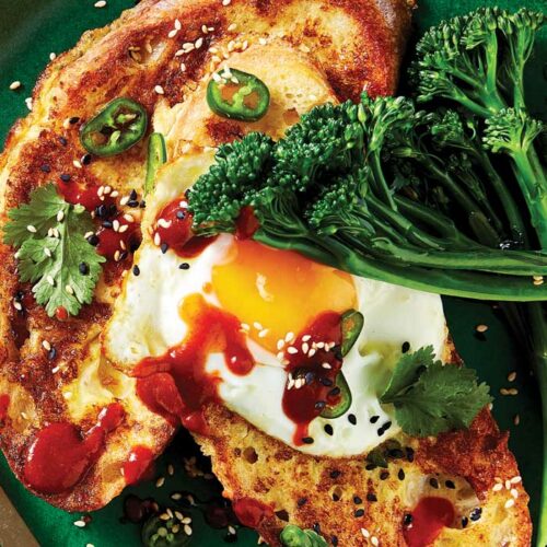 Green chilli and turmeric French toast with fried eggs