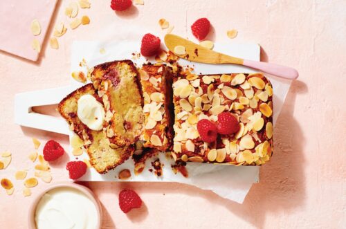 Raspberry, almond and ricotta loaf with yoghurt