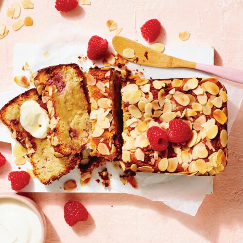 Raspberry, almond and ricotta loaf with yoghurt
