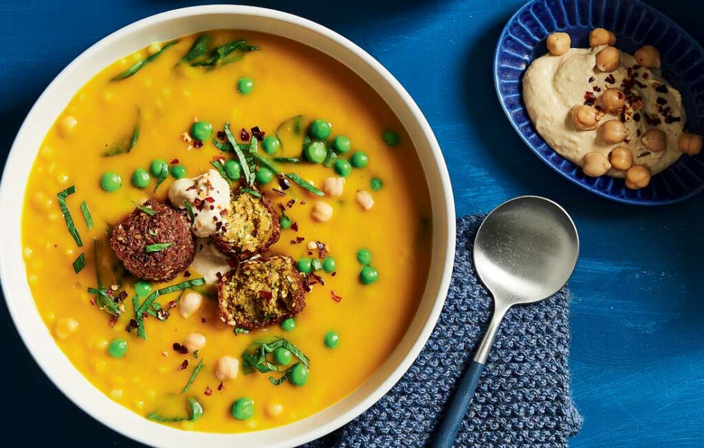 Pumpkin soup with couscous and falafels