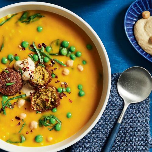 Pumpkin soup with couscous and falafels