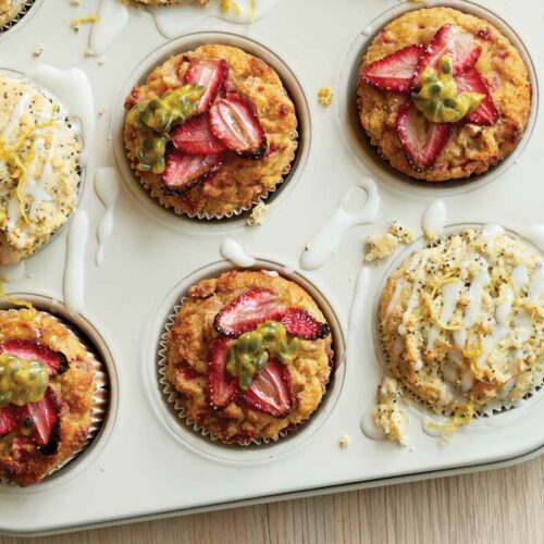 Strawberry, almond and passionfruit muffins
