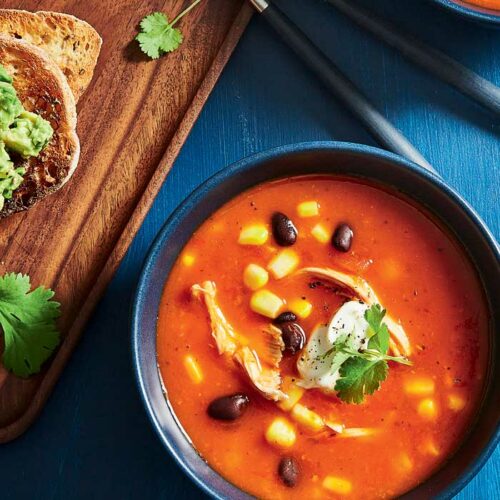 Tomato, chicken and black bean soup with avocado toast