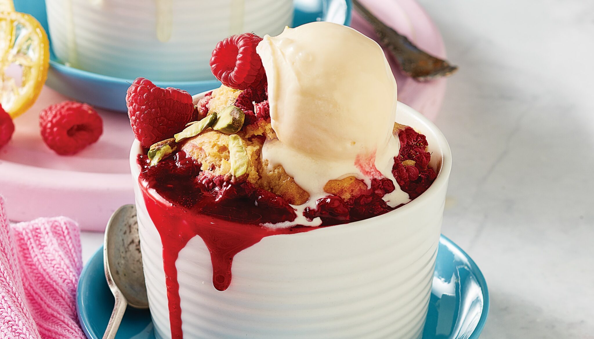 Vanilla and raspberry self-saucing puddings
