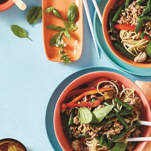 Chinese pork and eggplant stir-fry with egg noodles