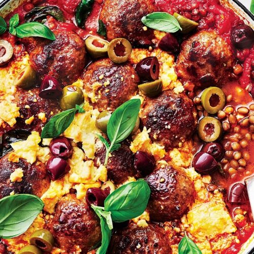 Baked pork meatballs with feta and olives