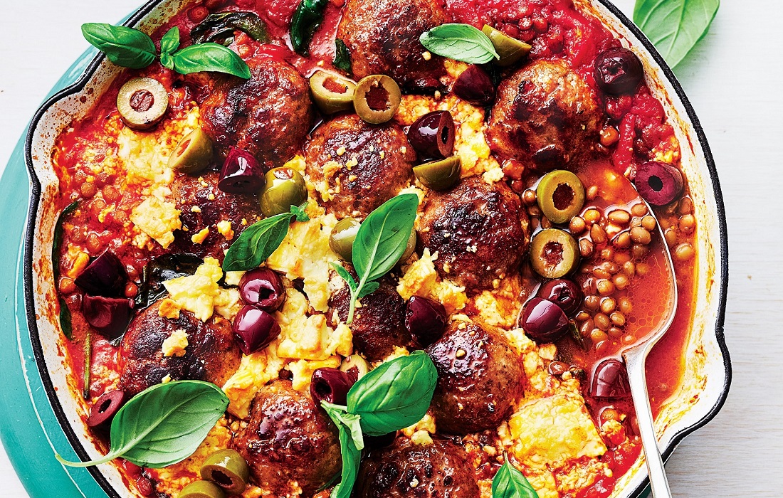 Baked pork meatballs with feta and olives - Healthy Food Guide