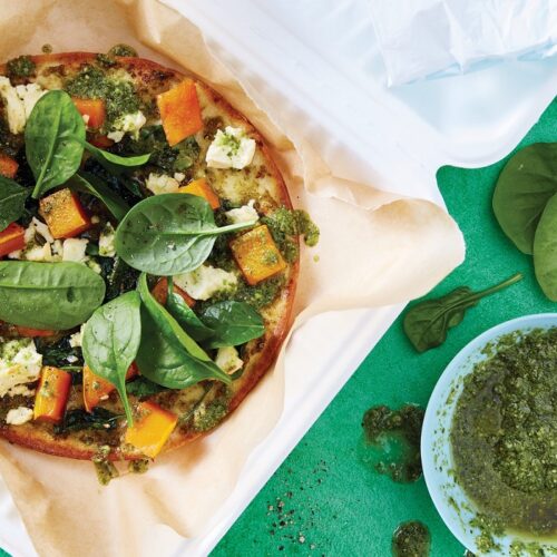 Pesto, roasted pumpkin and baby spinach pizza