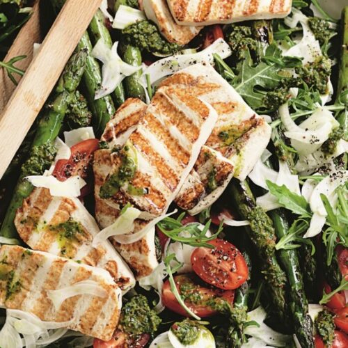 Chimichurri tofu with grilled asparagus and fennel salad