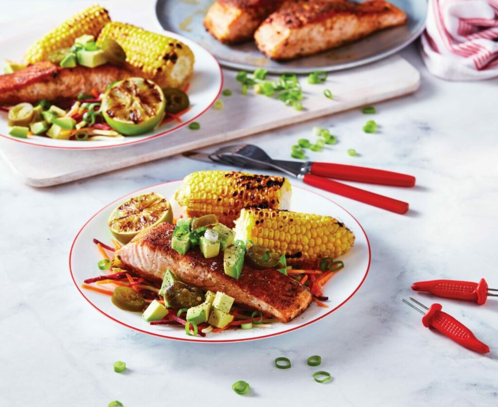 Summer salmon with charred lime corn
