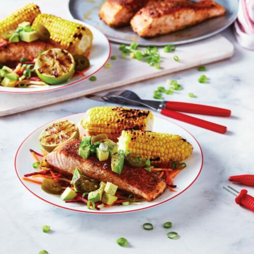 Summer salmon with charred lime corn