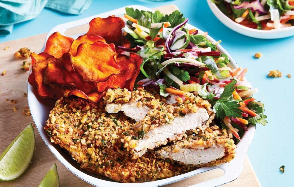 Almond crumbed chicken with apple slaw and sweet potato