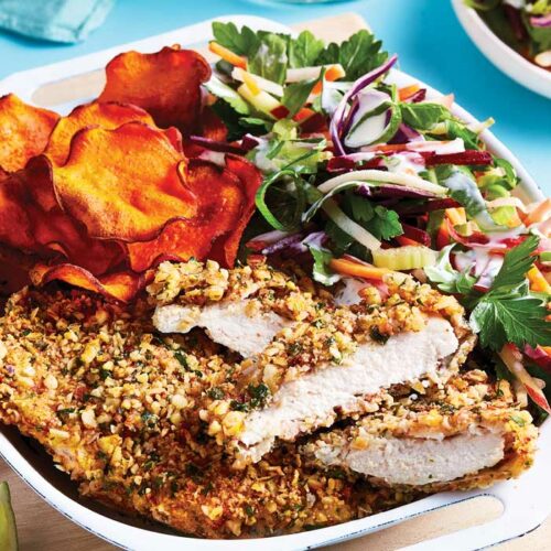 Almond crumbed chicken with apple slaw and sweet potato