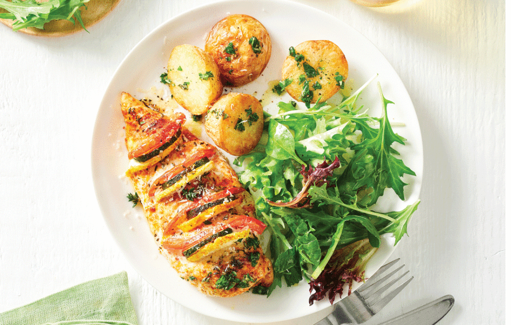 Baked chicken and vegetable hasselback