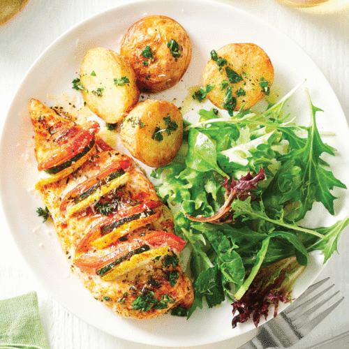 Baked chicken and vegetable hasselback