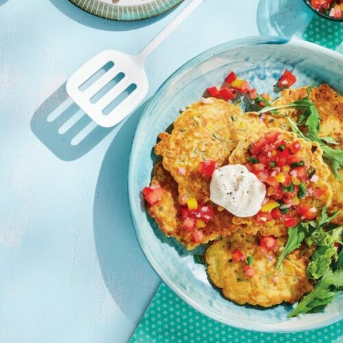 Corn and zucchini fritters with salsa and lime mayo