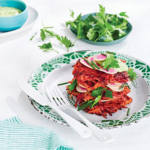 Sweet potato and beetroot rosti with jalapeno dressing