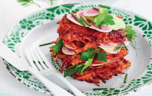 Sweet potato and beetroot rosti with jalapeno dressing