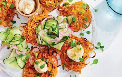 Sweet potato and carrot latke with pickled cucumber   