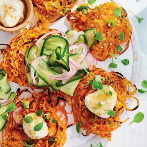 Sweet potato and carrot latke with pickled cucumber   